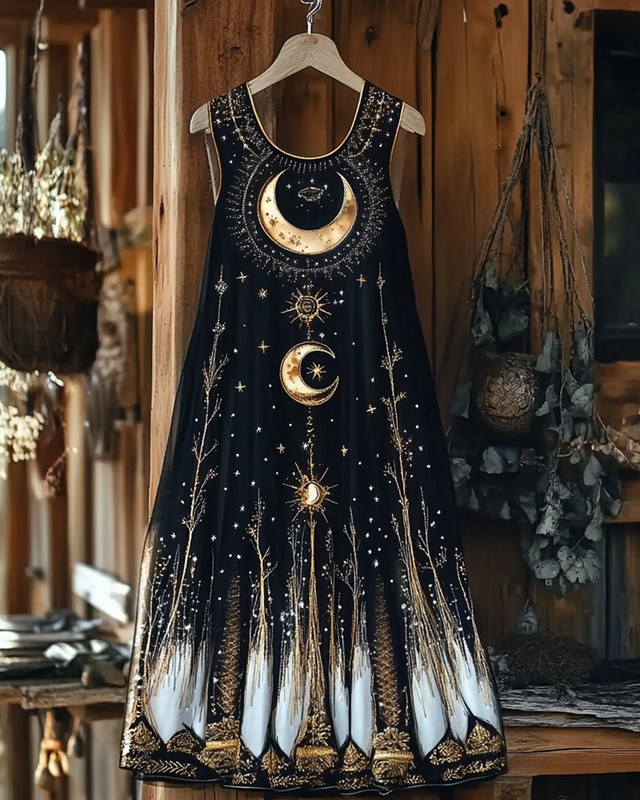 Ethnic handmade star and moon embroidery irregular dress