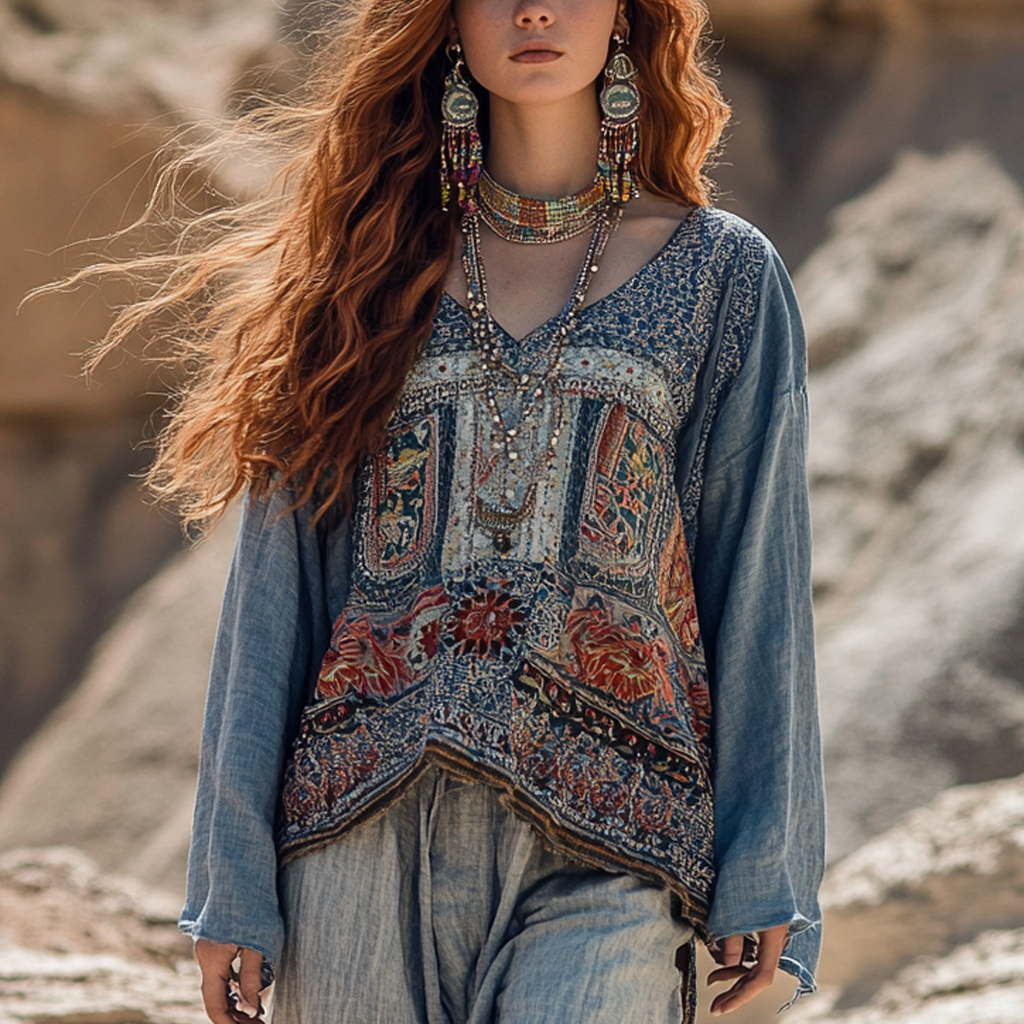 Desert Style Holiday Bohemian Vintage Linen Casual Top
