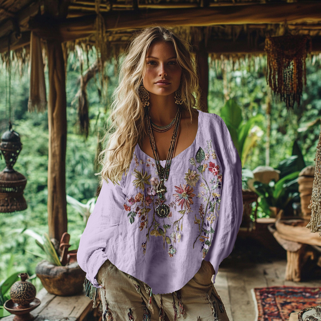 Retro Bohemian Floral Embroidery Art Graphics Cotton And Linen Blend Loose Blouse
