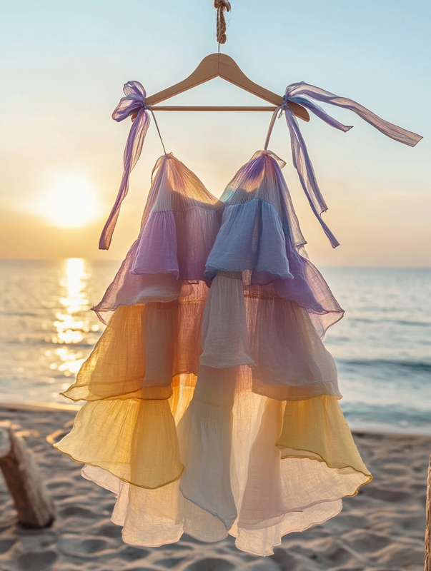 Asymmetrical dress with ruffles for vacation or daily wear