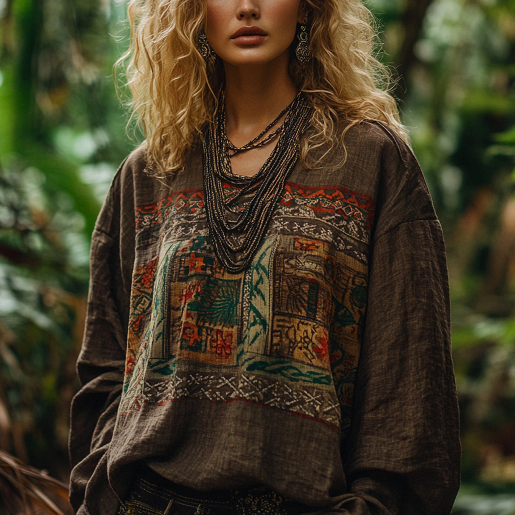 Bohemian Resort Vintage Linen Print Casual Long Sleeve Top