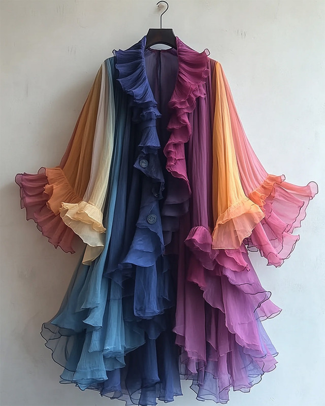 Color-Blocking Rainbow Ruffle Coat