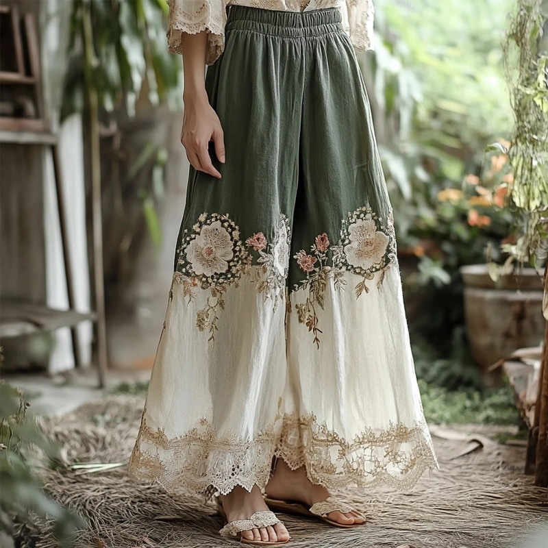 Vintage Floral Embroidered Linen Blend Lace Casual Pants