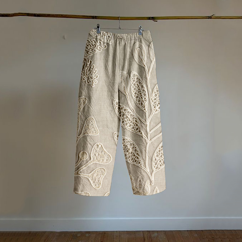 Vintage Leaf Embroidery Art Linen Blend Comfy Pants