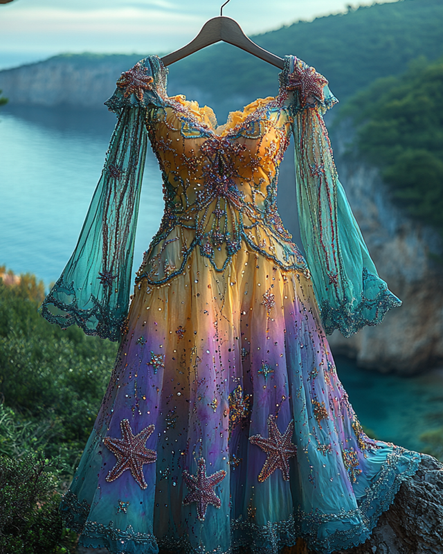 Summer Vacation Starfish Gradient Beaded Chiffon Dress