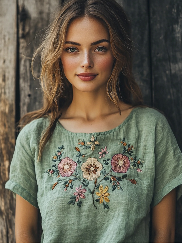 Boho Ethnic Floral Embroidery Women's Linen T-shirt