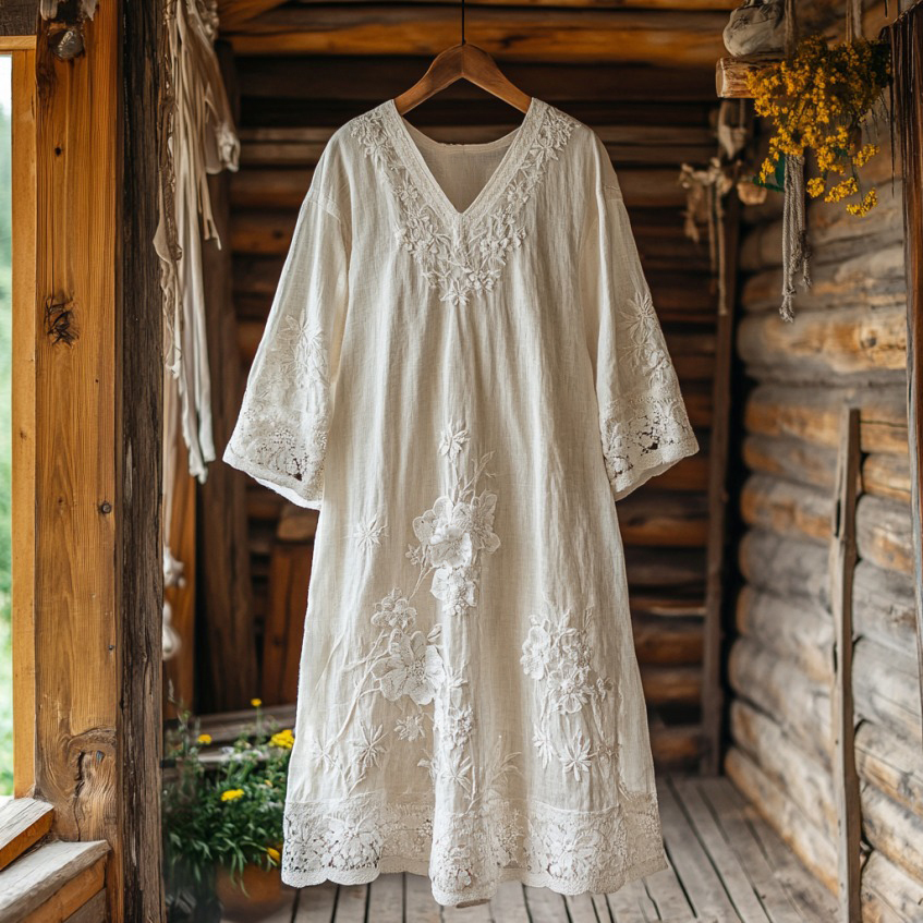 Retro Floral Embroidery Lace Art Linen Blend Maxi Dress