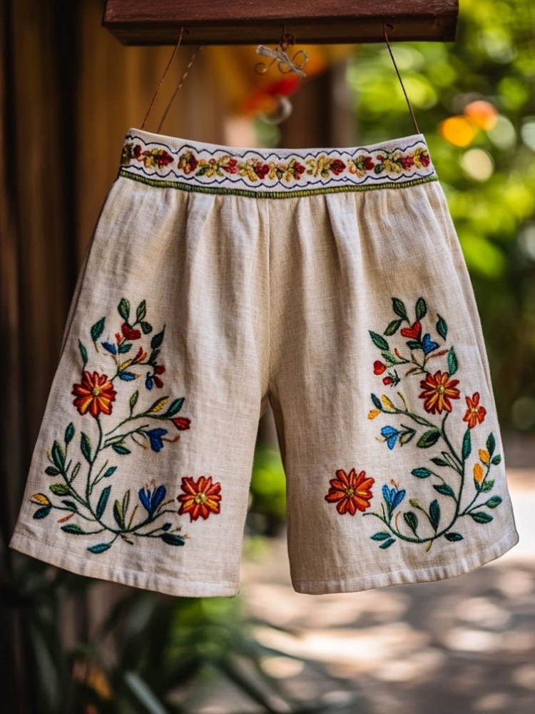 Vintage Floral Embroidered Casual Linen Shorts