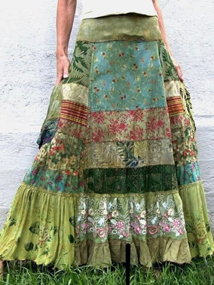 Women's Green Flowers Patchwork Art Linen Blend Skirt