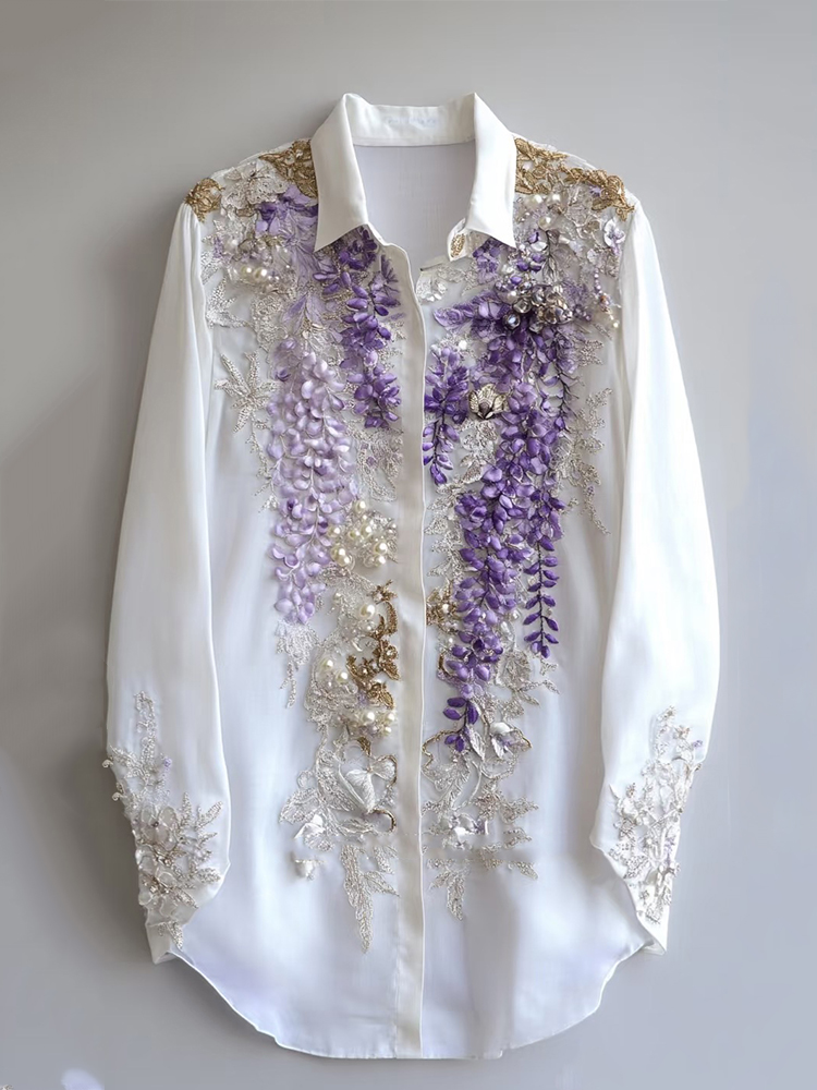 Women's Purple Floral Embroidered Art Linen Blend Shirt