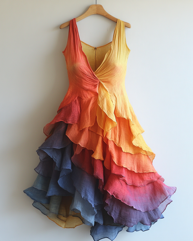 Summer Rainbow Contrast Gradient Chiffon Dress