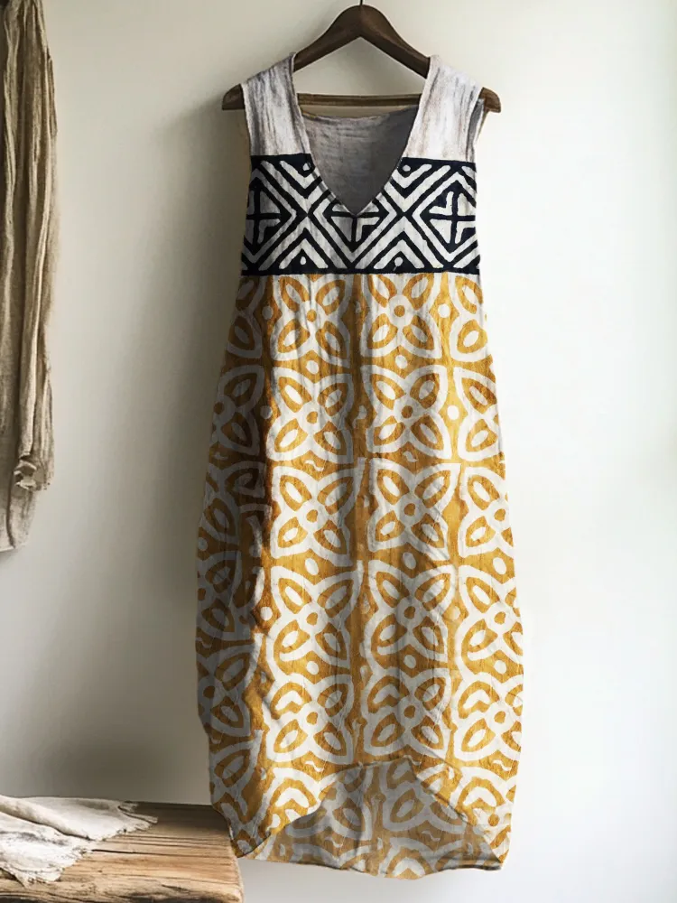 Indigo Floral Ethnic Natural Block Print Linen Tank Dress