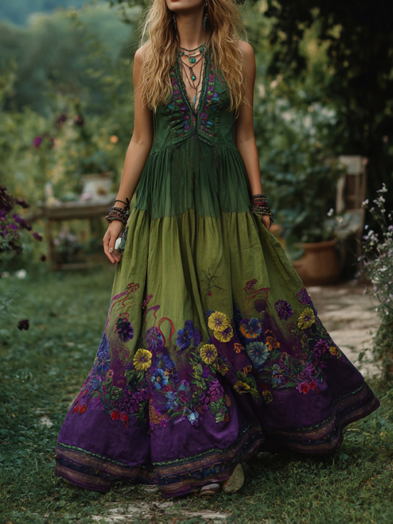 Vintage Purple Flowers Embroidered Gradient Linen Maxi Dress