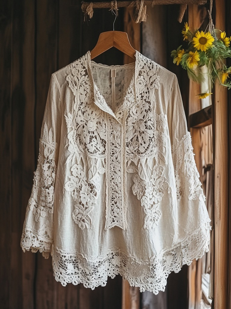 Women's Retro Floral Lace Embroidery Art V-neck Shirt