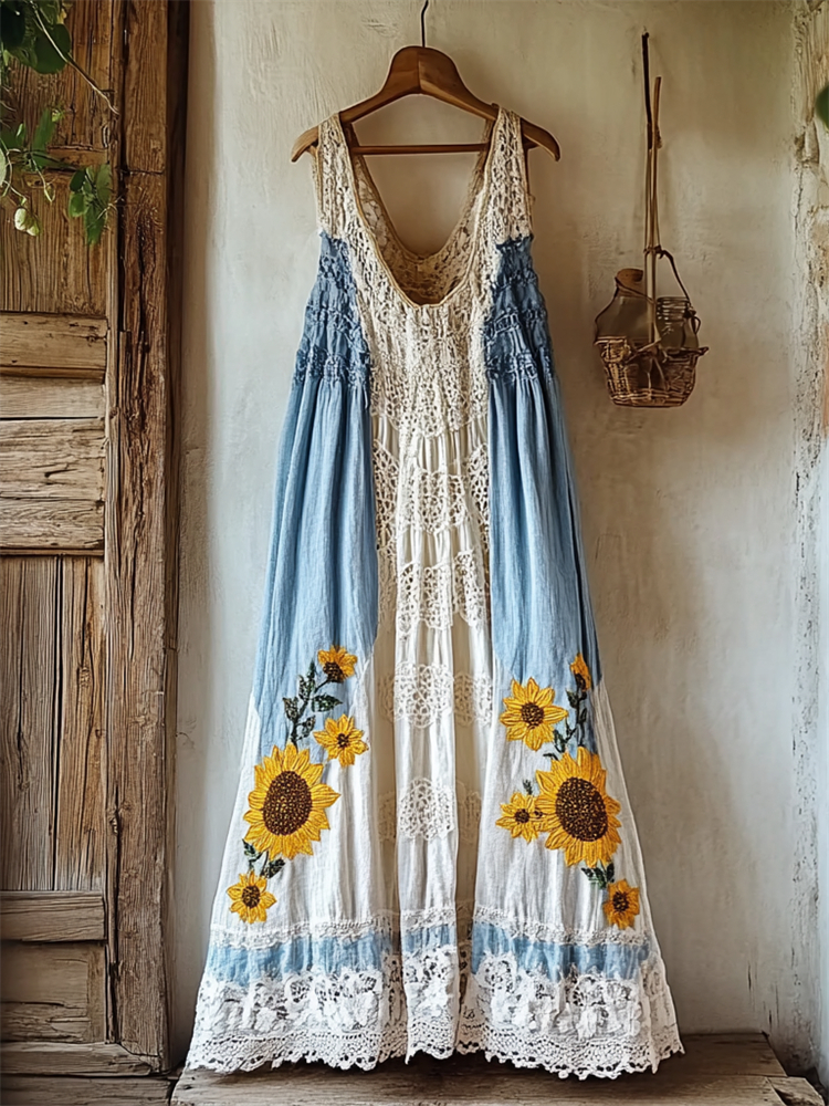 Boho Sunflowers Embroidered Gradient Lace Patchwork Linen Dress