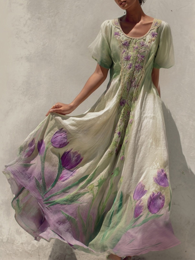 Vintage Purple Tulips Pattern Gradient Linen Maxi Dress