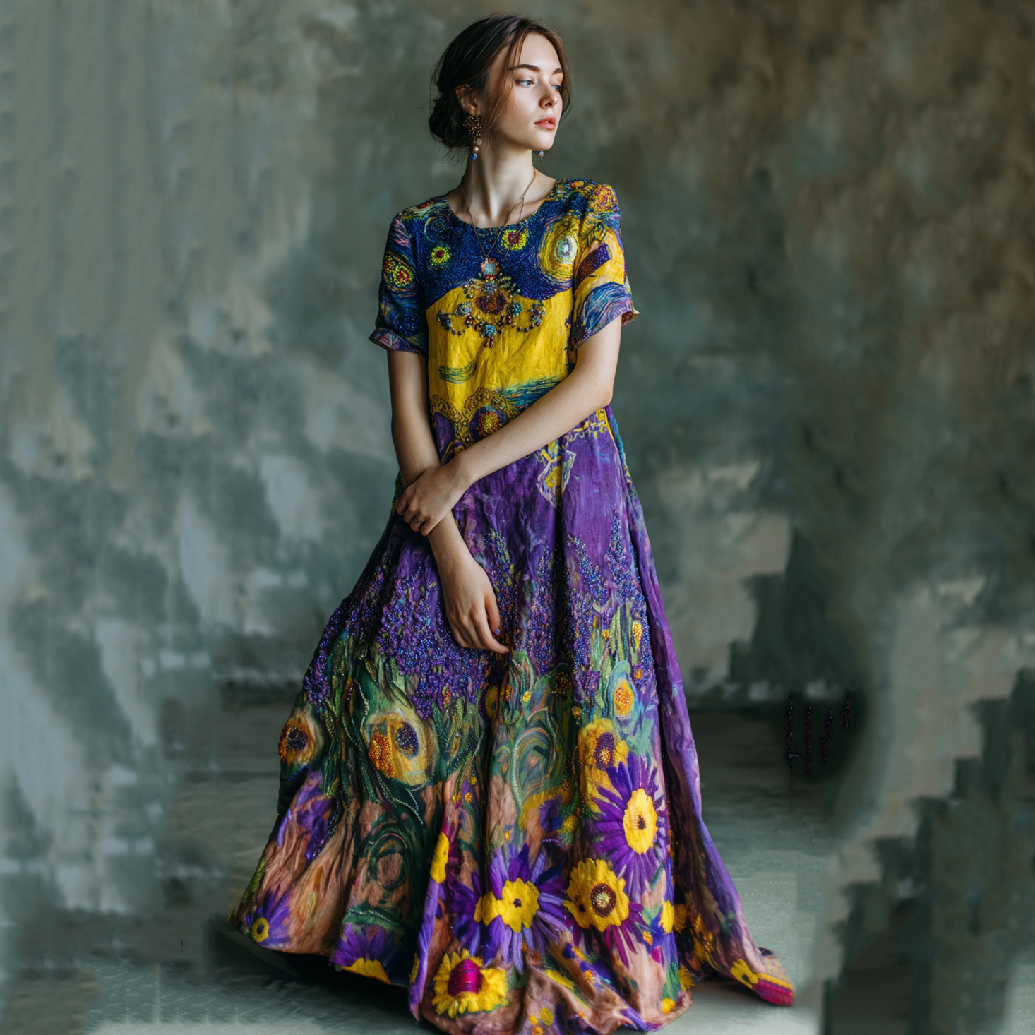 Vintage Lavender Starry Sky Oil Painting Print Linen Maxi Dress