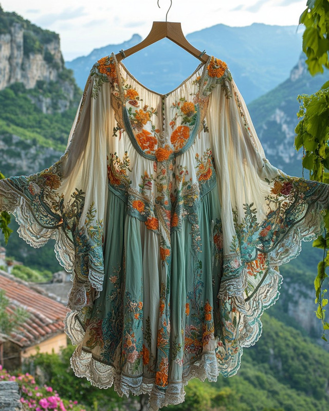 Summer Vacation Ruffle Lace Chiffon Kaftan Dress