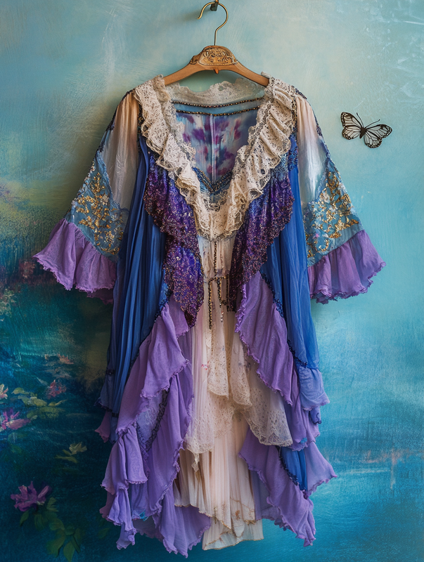 Summer Vacation Ruffle Lace Contrast Color Dress