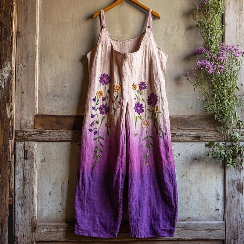 Women's Floral Embroidered Linen Blend Gradient Jumpsuit