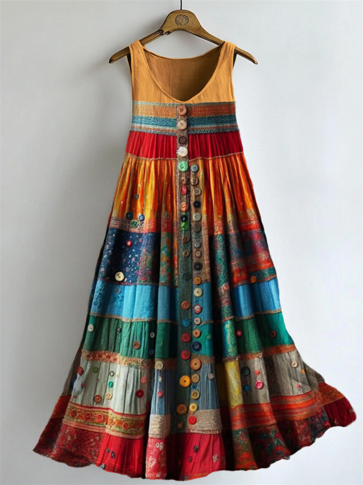 Boho Colorful Textile Flowy Linen Blend Tank Dress