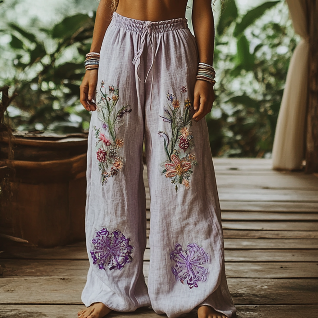 Vintage Bohemian Floral Art Printed Cotton Linen Wide Leg Pants