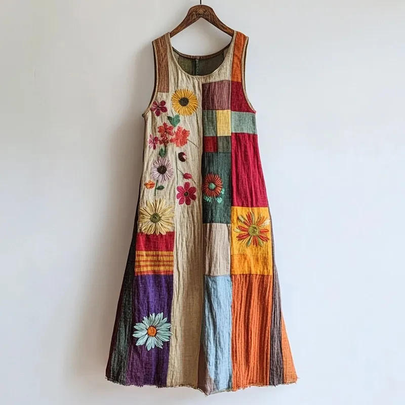 Colorful Patchwork Floral Embroidered Linen Blend Dress