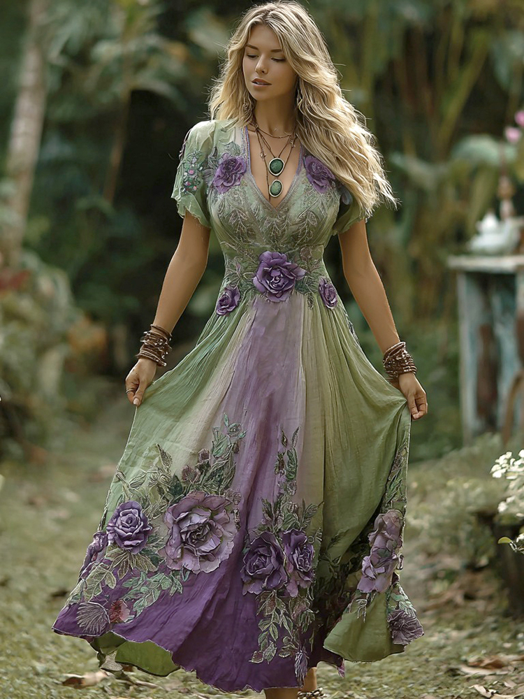 Vintage Gradient Purple Floral Embroidered Linen Short Sleeve Maxi Dress