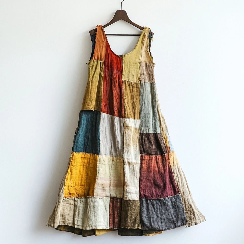 Vintage Multicolor Patchwork Linen Blend Dress