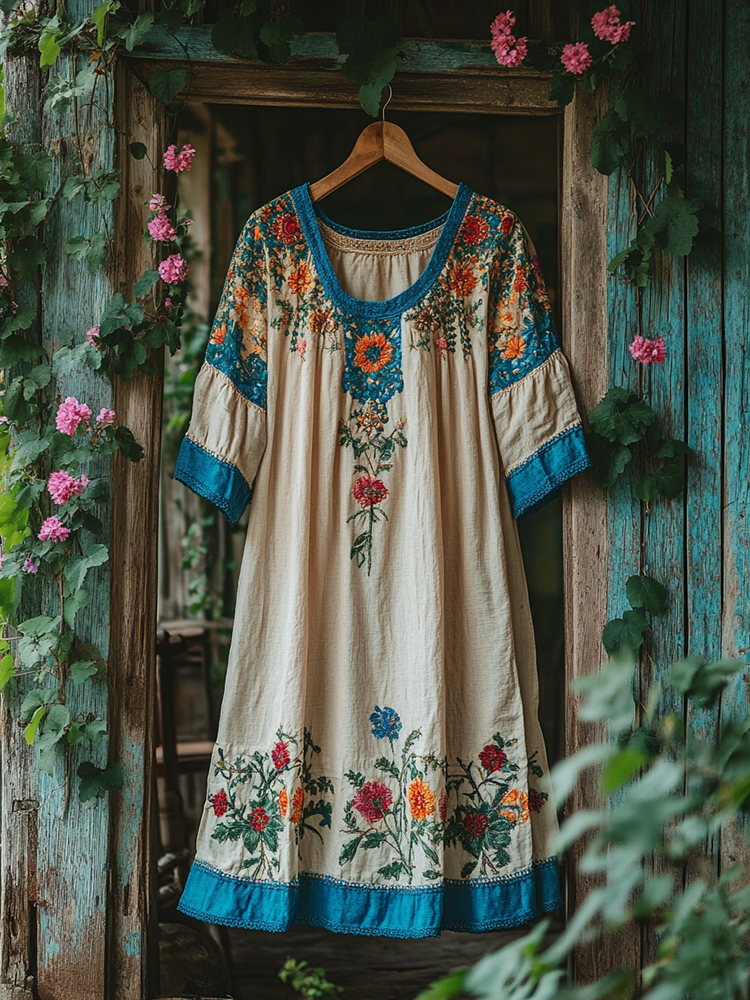 Floral Embroidery Linen Blend Loose Midi Dress