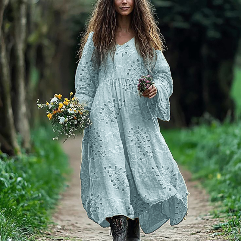 Vintage Western Paisley Floral Embroidered Lace Flowy Linen Dress