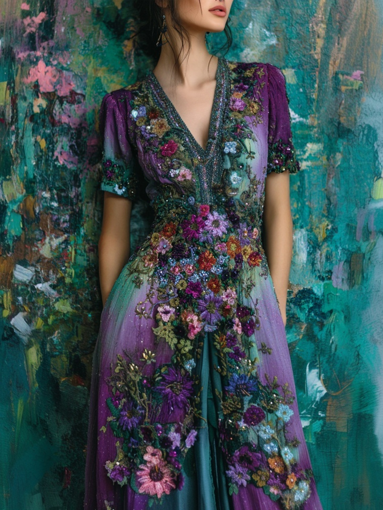 Vintage Floral Embroidered Gradient Linen Maxi Dress