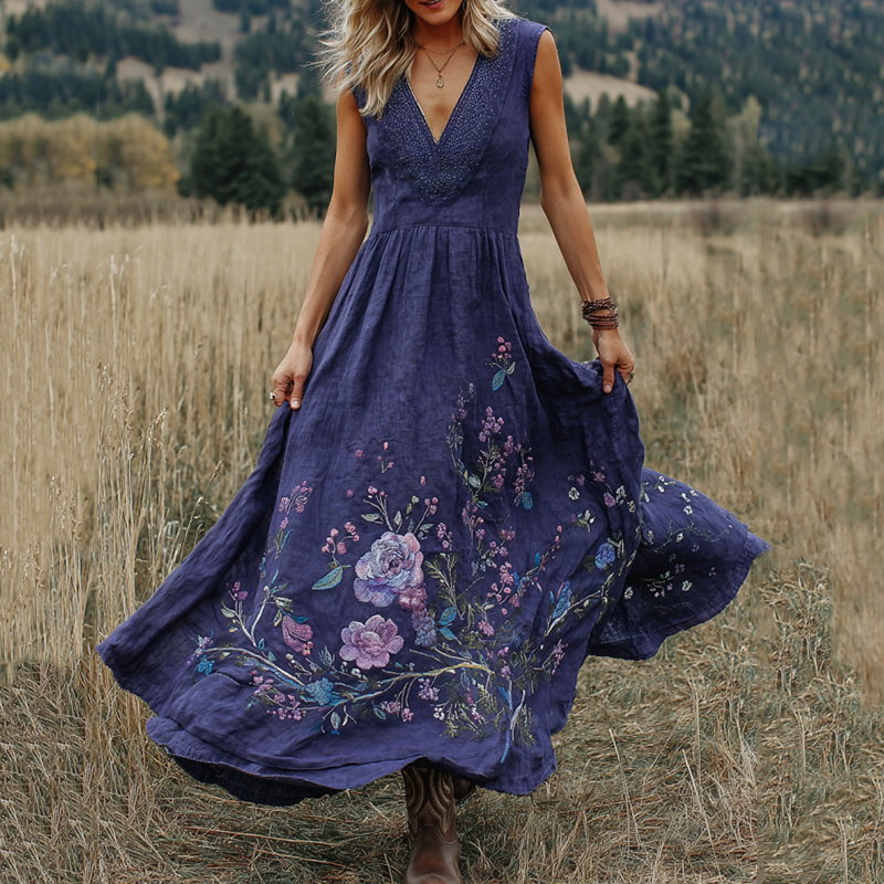 Vintage Purple Floral Embroidered Sleeveless Maxi Dress