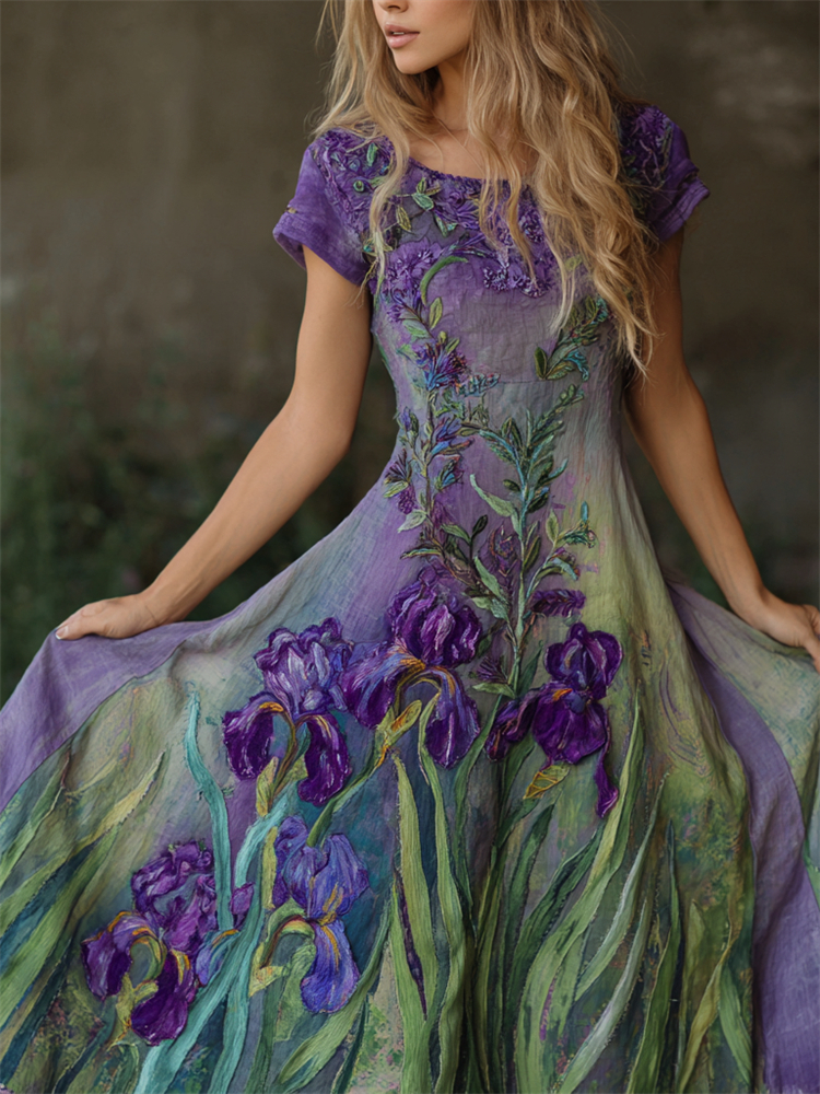 Oil Painting Purple Irises Embroidered Gradient Flowy Linen Maxi Dress