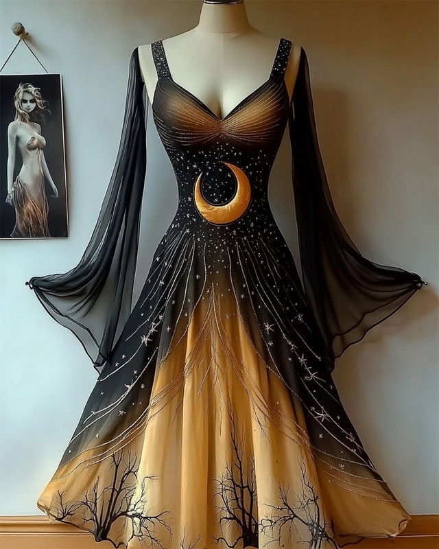 Holiday handmade star and moon embroidery irregular dress