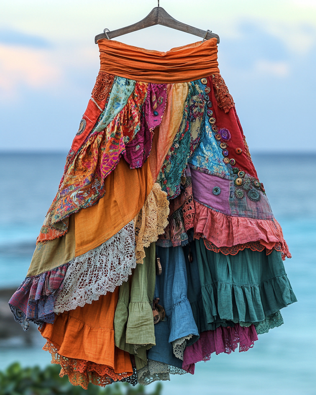 Summer colorful vacation patchwork cotton and linen contrast color skirt