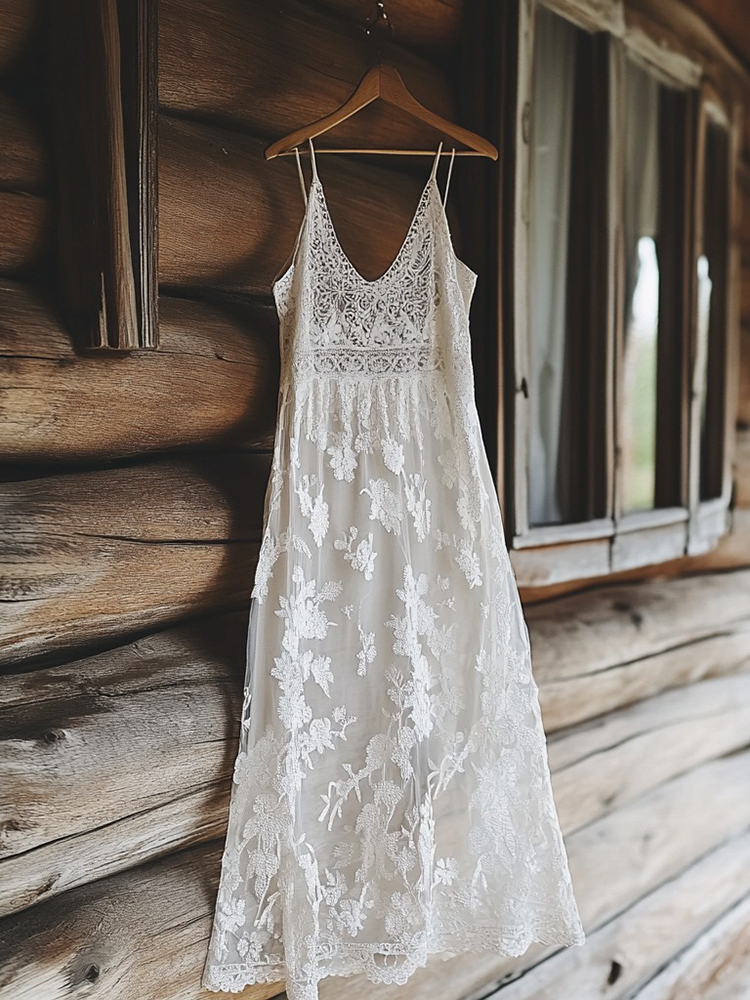 Women's Retro Lace Floral Embroidery Art Suspenders Mixi Dress