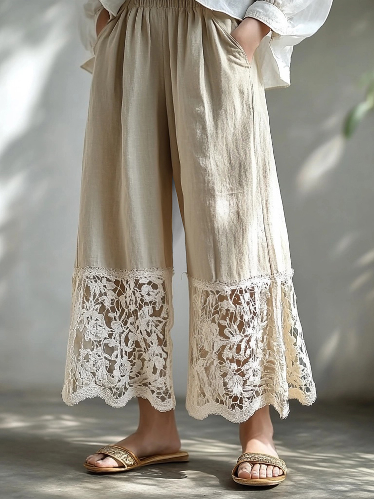 Vintage Hollow Floral Lace Patchwork Flowy Linen Pants