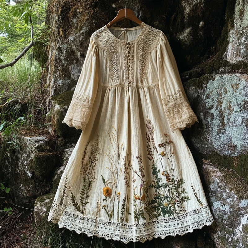 Vintage Floral Embroidered Linen Blend Lace Maxi Dress