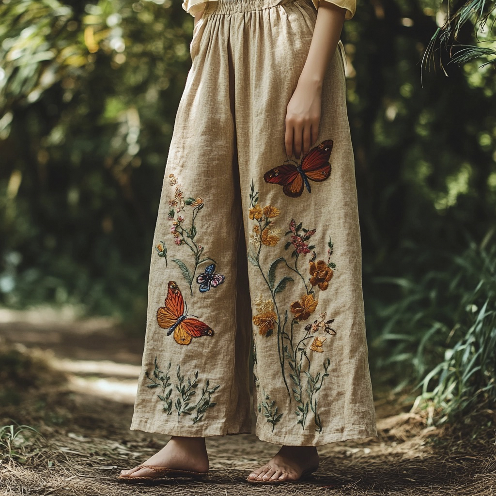 Butterfly Floral Embroidery Vintage Women's Linen Loose Pants