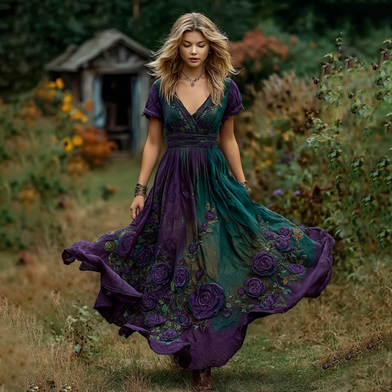 Women's Boho Purple Rose Embroidered Short Sleeve Maxi Dress
