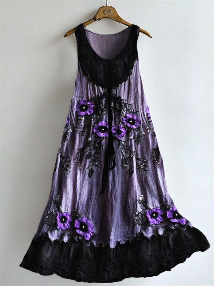 Classy Purple Floral Lace Patchwork Flowy Linen Dress