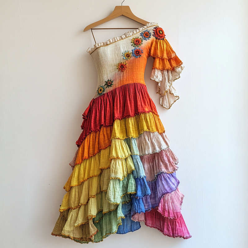 Rainbow Stitching Floral Embroidery Ruffle Dress