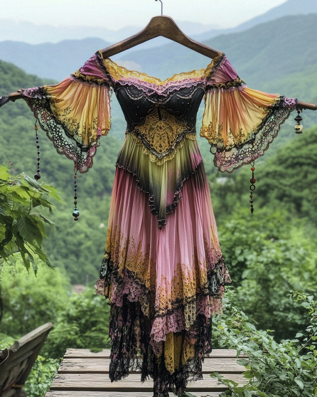 Summer Vacation Ruffle Lace Contrast Color Dress