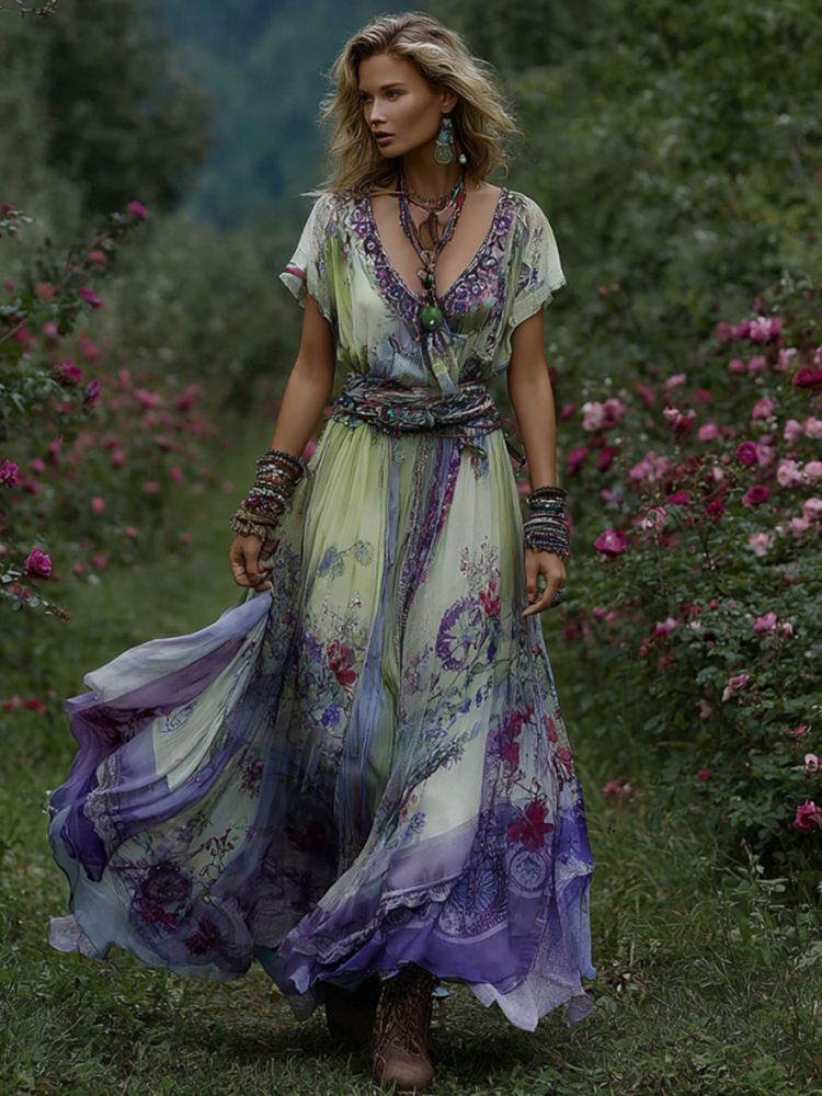 Vintage Gradient Purple Floral Embroidered Linen Short Sleeve Maxi Dress