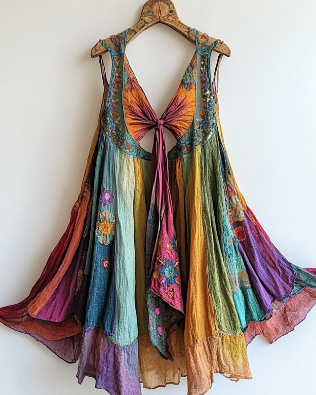 Vacation Handmade Bow Color-Blocking Rainbow Irregular Dress