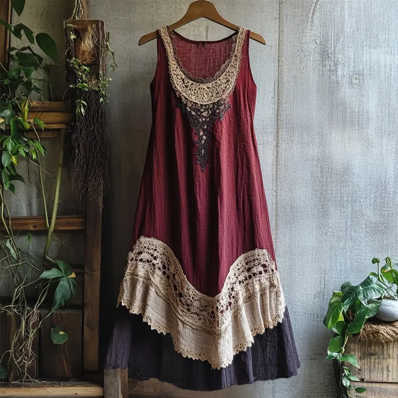 Retro Lace Patchwork Flowy Linen Tank Dress