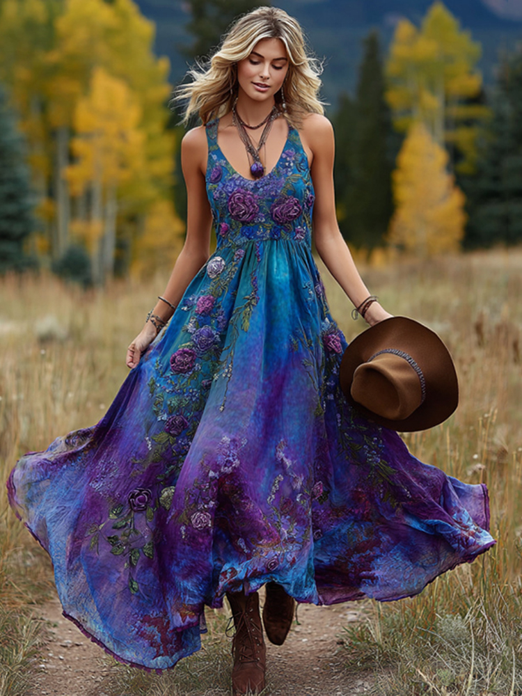 Vintage Purple And Blue Lavender Patchwork And Floral Embroidered Art Linen Sleeveless Maxi Dress