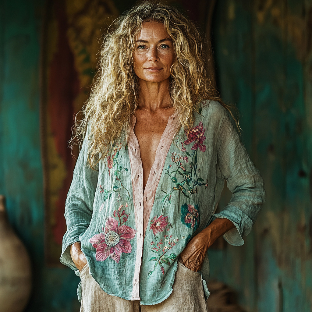 Women's Casual Linen Printed Casual Long Sleeve Shirt