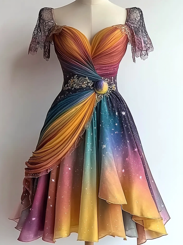 Vacation Handmade Color-Blocking Rainbow Irregular Dress